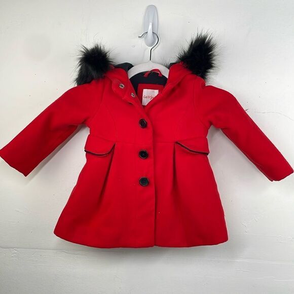 Cat & Jack Red Button Front Jacket Black Faux Fur Lined Hood toddler girl sz 2T - Picture 1 of 6